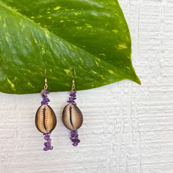🐚14KGoldFilled Real Seashell/Amethyst Earrings - Picture 4 of 8